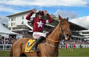 15 March 2018; Jockey Davy Russell celebrates after winning the Ryanair Steeple Chase on Balko Des Flos on Day Three of the Cheltenham Racing Festival at Prestbury Park in Cheltenham, England. Photo by Seb Daly/Sportsfile