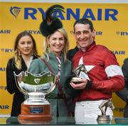 15 March 2018; Jockey Davy Russell celebrates with Anita O'Leary after winning the Ryanair Steeple Chase on Balko Des Flos on Day Three of the Cheltenham Racing Festival at Prestbury Park in Cheltenham, England. Photo by Ramsey Cardy/Sportsfile