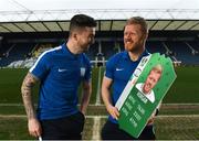 19 March 2018; Former League of Ireland rivals and Irish International teammates Daryl Horgan, right, and Sean Maguire pictured in Deepdale, Preston, at the reveal of Horgan's FIFA Ultimate Team Green item. Daryl is one of five Irish players going green in FIFA Ultimate Team as part of this year’s FIFA 18 FUT Birthday celebrations. Complete themed weekly objectives to unlock these special green items, and unwrap an exclusive St Patrick’s Day kit available now in FIFA Ultimate Team until Friday 23rd March! Photo by Stephen McCarthy/Sportsfile