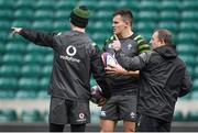 16 March 2018; Ireland players Jonathan Sexton and Jacob Stockdale with kicking coach Richie Murphy during the Ireland rugby captain's run at Twickenham Stadium in London, England. Photo by Brendan Moran/Sportsfile
