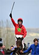 16 March 2018; Jockey Harry Cobden celebrates after winning the Albert Bartlett Novices’ Hurdle Race on Day Four of the Cheltenham Racing Festival at Prestbury Park in Cheltenham, England. Photo by Seb Daly/Sportsfile