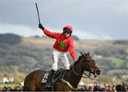 16 March 2018; Jockey Harry Cobden celebrates after winning the Albert Bartlett Novices’ Hurdle Race on Kilbricken Storm during Day Four of the Cheltenham Racing Festival at Prestbury Park in Cheltenham, England. Photo by Ramsey Cardy/Sportsfile