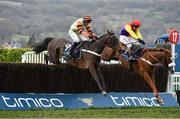 16 March 2018; Native River, with Richard Johnson up, right, jump the last fence ahead of eventual second place finisher Might Bite, with Nico de Boinville up, on their way to winning The Timico Cheltenham Gold Cup Steeple Chase on Day Four of the Cheltenham Racing Festival at Prestbury Park in Cheltenham, England. Photo by Seb Daly/Sportsfile