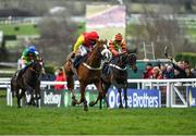16 March 2018; Native River, with Richard Johnson up, left, who finished first, ahead of eventual second place finisher Might Bite, with Nico de Boinville up, during the Timico Cheltenham Gold Cup Steeple Chase on Day Four of the Cheltenham Racing Festival at Prestbury Park in Cheltenham, England. Photo by Ramsey Cardy/Sportsfile