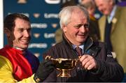 16 March 2018; Jockey Richard Johnson and trainer Colin Tizzard celebrate with the Gold Cup after winning the Timico Cheltenham Gold Cup Steeple Chase on Native River on Day Four of the Cheltenham Racing Festival at Prestbury Park in Cheltenham, England. Photo by Seb Daly/Sportsfile