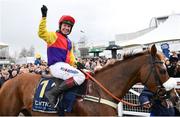 16 March 2018; Jockey Richard Johnson celebrates after winning the Timico Cheltenham Gold Cup Steeple Chase on Native River during Day Four of the Cheltenham Racing Festival at Prestbury Park in Cheltenham, England. Photo by Ramsey Cardy/Sportsfile