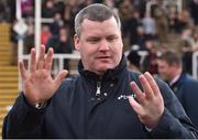 16 March 2018; Leading trainer Gordon Elliott holds up eight fingers to signify his eight winners during the Cheltenham Racing Festival on Day Four of the Cheltenham Racing Festival at Prestbury Park in Cheltenham, England. Photo by Seb Daly/Sportsfile