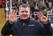 16 March 2018; Leading trainer Gordon Elliott holds up eight fingers to signify his eight winners during the Cheltenham Racing Festival on Day Four of the Cheltenham Racing Festival at Prestbury Park in Cheltenham, England. Photo by Seb Daly/Sportsfile