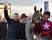 16 March 2018; Trainer Gordon Elliott, left, and jockey Donagh Meyler, right, are joined by former trainer Martin Pipe after winning the Martin Pipe Conditional Jockeys’ Handicap Hurdle Race with Blow By Blow on Day Four of the Cheltenham Racing Festival at Prestbury Park in Cheltenham, England. Photo by Seb Daly/Sportsfile