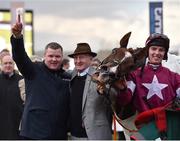 16 March 2018; Trainer Gordon Elliott, left, and jockey Donagh Meyler, right, are joined by former trainer Martin Pipe after winning the Martin Pipe Conditional Jockeys’ Handicap Hurdle Race with Blow By Blow on Day Four of the Cheltenham Racing Festival at Prestbury Park in Cheltenham, England. Photo by Seb Daly/Sportsfile