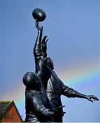 16 March 2018; A rainbow is seen behind a rugby statue outside the stadium after the Ireland rugby captain's run at Twickenham Stadium in London, England. Photo by Brendan Moran/Sportsfile