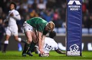16 March 2018; Tommy O'Brien of Ireland scores his side's second try during the U20 Six Nations Rugby Championship match between England and Ireland at the Ricoh Arena in Coventry, England. Photo by Harry Murphy/Sportsfile