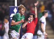 16 March 2018; Tommy O'Brien of Ireland celebrates scoring his side's second try during the U20 Six Nations Rugby Championship match between England and Ireland at the Ricoh Arena in Coventry, England. Photo by Harry Murphy/Sportsfile