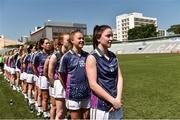 17 March 2018; Eimear Scally, Cork and 2017 All-Stars, front, and Sarah Rowe, Mayo and 2017 All-Stars, stand with their team-mates for Amhrán na bhFiann before the 2016 All-Stars v 2017 All-Stars Exhibition match on the TG4 Ladies Football All-Star Tour 2018. Chulalongkorn University Football Club Stadium, Bangkok, Thailand. Photo by Piaras Ó Mídheach/Sportsfile