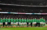 17 March 2018; The Ireland team during the national anthem prior to the NatWest Six Nations Rugby Championship match between England and Ireland at Twickenham Stadium in London, England. Photo by Brendan Moran/Sportsfile