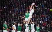 17 March 2018; George Kruis of England wins a lineout ahead of Iain Henderson of Ireland during the NatWest Six Nations Rugby Championship match between England and Ireland at Twickenham Stadium in London, England. Photo by Brendan Moran/Sportsfile
