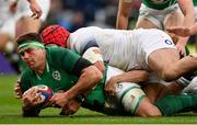 17 March 2018; CJ Stander of Ireland is tackled by James Haskell of England as goes over to score his side's second try during the NatWest Six Nations Rugby Championship match between England and Ireland at Twickenham Stadium in London, England. Photo by Ramsey Cardy/Sportsfile