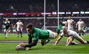17 March 2018; Jacob Stockdale of Ireland dives over to score his side's third try during the NatWest Six Nations Rugby Championship match between England and Ireland at Twickenham Stadium in London, England. Photo by Ramsey Cardy/Sportsfile