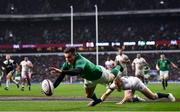 17 March 2018; Jacob Stockdale of Ireland dives over to score his side's third try during the NatWest Six Nations Rugby Championship match between England and Ireland at Twickenham Stadium in London, England. Photo by Ramsey Cardy/Sportsfile