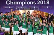 17 March 2018; The Ireland team celebrate with the Six Nations and Triple Crown trophies after the NatWest Six Nations Rugby Championship match between England and Ireland at Twickenham Stadium in London, England. Photo by Harry Murphy/Sportsfile