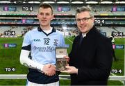 17 March 2018: Mark Doyle, Head of Group Brands AIB, presents David Dempsey of Na Piarsaigh with the Man of the Match award for his outstanding performance in the AIB Senior Hurling Club Championship Final, Cuala v Na Piarsaigh in Croke Park on St Patrick’s Day. For exclusive content and behind the scenes action of the AIB GAA & Camogie Club Championships follow AIB GAA on Facebook, Twitter, Instagram and Snapchat and www.aib.ie/gaa. Photo by Stephen McCarthy/Sportsfile