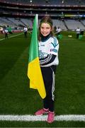 17 March 2018: AIB flagbearer Amy Jordan, age 10, who won an AIB flag bearer competition to wave on Corofin sat the AIB Senior Football Club Championship Final between Corofin and Nemo Rangers at Croke Park on St. Patrick's Day. For exclusive content and behind the scenes action of the AIB GAA & Camogie Club Championships follow AIB GAA on Facebook, Twitter, Instagram and Snapchat and www.aib.ie/gaa. Photo by Stephen McCarthy/Sportsfile