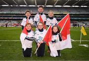 17 March 2018: AIB flagbearers, back row, from left, Conor Flanagan, age 9, Daniel Doyle, age 9, Beth White, age 9, front row, Abi Broderick, age 8, Jean McMahon, age 9, and Aoibheann Bridgeman, age 8, who all won an AIB flag bearer competition to wave on Cuala at the AIB Senior Hurling Club Championship Final between Cuala and Na Piarsaigh at Croke Park on St. Patrick's Day. For exclusive content and behind the scenes action of the AIB GAA & Camogie Club Championships follow AIB GAA on Facebook, Twitter, Instagram and Snapchat and www.aib.ie/gaa. Photo by Stephen McCarthy/Sportsfile