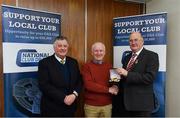 17 March 2018: Brendan Bannon of Cashel GAA, Longford, receives first prize, a Renault Dynamique, from Uachtarán Chumann Lúthchleas Gael John Horan and licensee of the draw, John Greene during the presentation of prizes to the winners of the GAA National Club Draw at Croke Park in Dublin. Photo by Eóin Noonan/Sportsfile