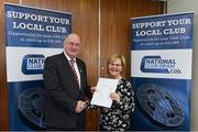 17 March 2018: Mary McBrearty of Robert Emmets GAA, Donegal, receives the eight prize, €750 Blue Book voucher from Uachtarán Chumann Lúthchleas Gael John Horan during the presentation of prizes to the winners of the GAA National Club Draw at Croke Park in Dublin. Photo by Eóin Noonan/Sportsfile