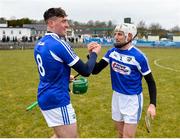 18 March 2018; Patrick Purcell, left, and Joe Phelan of Laois celebrate following the Allianz Hurling League Division 1B Relegation Play-Off match between Antrim and Laois at Pearse Park in Dunloy, Co Antrim. Photo by Mark Marlow/Sportsfile