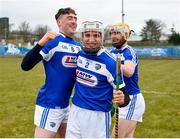 18 March 2018; Patrick Purcell, left, Joe Phelan, centre, and Leigh Bergin of Laois celebrate following the Allianz Hurling League Division 1B Relegation Play-Off match between Antrim and Laois at Pearse Park in Dunloy, Co Antrim. Photo by Mark Marlow/Sportsfile