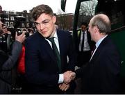 18 March 2018; Garry Ringrose of Ireland is greeted by Minister for Transport, Tourism and Sport, Shane Ross, T.D. during the Ireland Rugby homecoming at the Shelbourne Hotel in Dublin. Photo by David Fitzgerald/Sportsfile