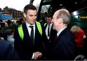 18 March 2018; Jonathan Sexton of Ireland is greeted by Minister for Transport, Tourism and Sport, Shane Ross, T.D. during the Ireland Rugby homecoming at the Shelbourne Hotel in Dublin. Photo by David Fitzgerald/Sportsfile