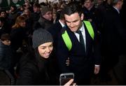 18 March 2018; Jonathan Sexton of Ireland stops for a selfie with an Ireland supporter during the Ireland Rugby homecoming at the Shelbourne Hotel in Dublin. Photo by David Fitzgerald/Sportsfile