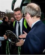 18 March 2018; Peter O'Mahony of Ireland is greeted by Minister for Transport, Tourism and Sport, Shane Ross, T.D. during the Ireland Rugby homecoming at the Shelbourne Hotel in Dublin. Photo by David Fitzgerald/Sportsfile