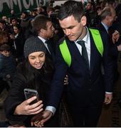 18 March 2018; Jonathan Sexton of Ireland stops for a selfie with an Ireland supporter during the Ireland Rugby homecoming at the Shelbourne Hotel in Dublin. Photo by David Fitzgerald/Sportsfile