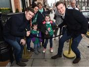 18 March 2018; Ireland players Luke McGrath, left, and Josh Van der Flier stop for a photo with young Ireland supporters Danielle Nolan, right, age 6, and Keeley Nolan, age 3, from Clogherhead, Co Louth prior to the Ireland Rugby homecoming at the Shelbourne Hotel in Dublin. Photo by David Fitzgerald/Sportsfile