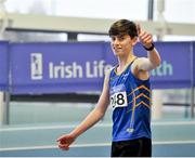 18 March 2018; Cian McPhillips from Longford AC, after winning the Boys U17 1500m event, in a new championship record of 3.57.28secs during the Irish Life Health National Juvenile Indoor Championships day 2 at Athlone IT in Athlone, Co Westmeath. Photo by Tomás Greally/Sportsfile