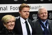 18 March 2018; Former Republic of Ireland international and current Shamrock Rovers coach Damien Duff with his parents Mary and Gerrard during the 3 FAI International Awards at RTE Studios in Donnybrook, Dublin. Photo by Stephen McCarthy/Sportsfile