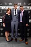 18 March 2018; Colleges & Universities International Player of the Year nominee Ross Taheny with parents Margaret and Michael Taheny during the 3 FAI International Awards at RTE Studios in Donnybrook, Dublin. Photo by Seb Daly/Sportsfile