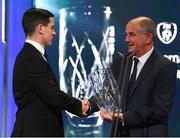 18 March 2018; Under 21 International Player of the Year Josh Cullen is presented with his award by Under 21 manager Noel King during the 3 FAI International Awards at RTE Studios in Donnybrook, Dublin. Photo by Stephen McCarthy/Sportsfile