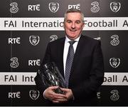 18 March 2018; Mark Magee, son of Jimmy Magee with the Special Merit award during the 3 FAI International Awards at RTE Studios in Donnybrook, Dublin. Photo by Seb Daly/Sportsfile