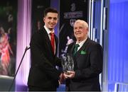 18 March 2018; Neil Farrugia is presented with the Schools International Player of the Year award by FAI President Tony Fitzgerald during the 3 FAI International Awards at RTE Studios in Donnybrook, Dublin. Photo by Stephen McCarthy/Sportsfile