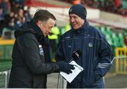 19 March 2018; Limerick manager John Kiely reviews his team selection with Micheál Ó Domhnaill of TG4 prior to the Allianz Hurling League Division 1 quarter-final match between Limerick and Clare at the Gaelic Grounds in Limerick.  Photo by Diarmuid Greene/Sportsfile
