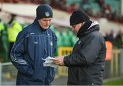19 March 2018; Limerick manager John Kiely reviews his team selection in the match programme with Odhrán Mac Murchadha of TG4 prior to the Allianz Hurling League Division 1 quarter-final match between Limerick and Clare at the Gaelic Grounds in Limerick.  Photo by Diarmuid Greene/Sportsfile
