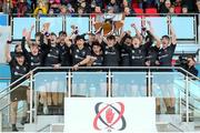 19 March 2018; John McKee of Campbell College lifts the trophy after the Ulster Schools Cup Final 2018 match between Royal School Armagh and Campbell College at Kingspan Stadium, in Ravenhill Park, Belfast. Photo by John Dixon/Sportsfile