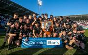 19 March 2018; John McKee holds the trophy as his Campbell team-mates celebrate after the Ulster Schools Cup Final 2018 match between Royal School Armagh and Campbell College at Kingspan Stadium, in Ravenhill Park, Belfast. Photo by John Dixon/Sportsfile