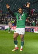17 March 2018; Bundee Aki of Ireland celebrates after the NatWest Six Nations Rugby Championship match between England and Ireland at Twickenham Stadium in London, England. Photo by Brendan Moran/Sportsfile