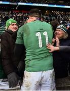 17 March 2018; Jacob Stockdale of Ireland is congratulated by his girlfriend Jessica Gardiner and his parents Rev Graham and Janine Stockdale after the NatWest Six Nations Rugby Championship match between England and Ireland at Twickenham Stadium in London, England. Photo by Brendan Moran/Sportsfile