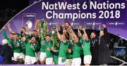 17 March 2018; The Ireland team celebrate with the Six Nations Championship trophy after the NatWest Six Nations Rugby Championship match between England and Ireland at Twickenham Stadium in London, England. Photo by Brendan Moran/Sportsfile
